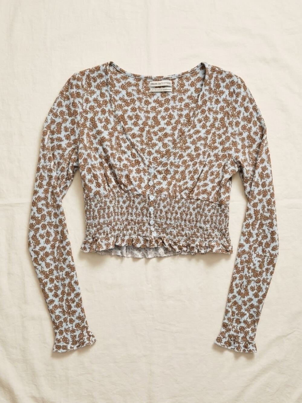 Urban Outfitters Bayside Smocked Button Front Long Sleeve Top Large